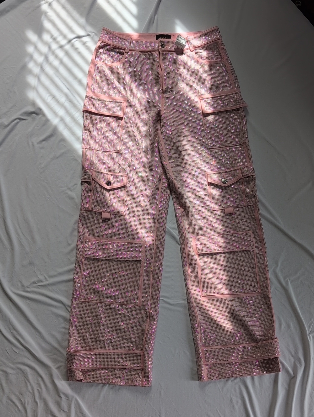 NWT AKIRA Pink Rhinestone Cargo Wide Leg Pants